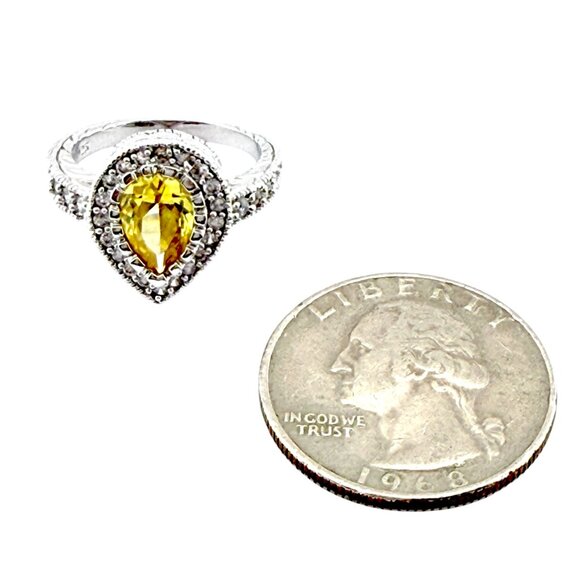 Sterling Silver Lemon Yellow Crystal Ring • Size 6.5 • Teardrop Halo • 925 - Picture 8 of 10